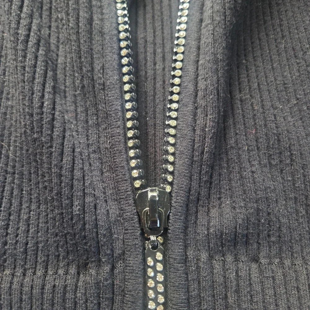 Belldini Black Ribbed Knit Rhinestone Zip Up Hoodie Sweater XL Y2K Bling